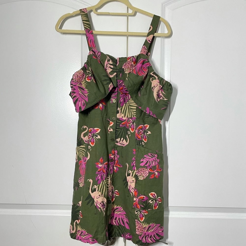 MNG Casual for Mango Linen Blend Pelican Print Cold Shoulder Dress size 6 - Picture 7 of 10